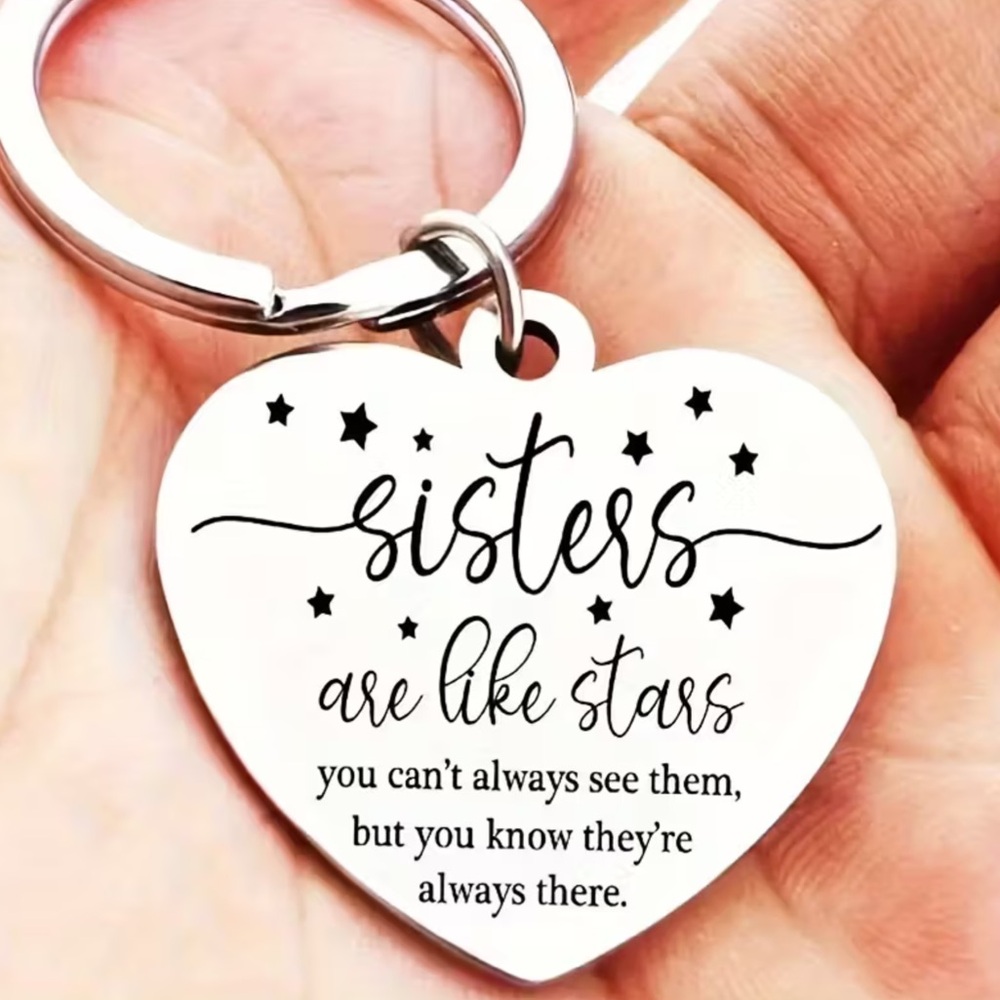 Sisters Silver Heart-Shaped Keychain with Loving Inspirational Quote